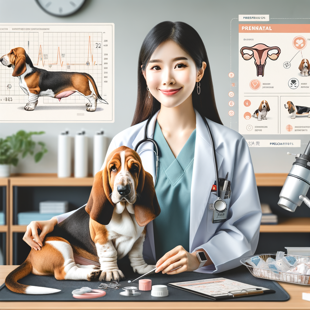 Veterinary doctor providing prenatal care for a pregnant Basset Hound, showcasing Basset Hound pregnancy signs, gestation period, and a guide for expecting Basset Hound puppies.