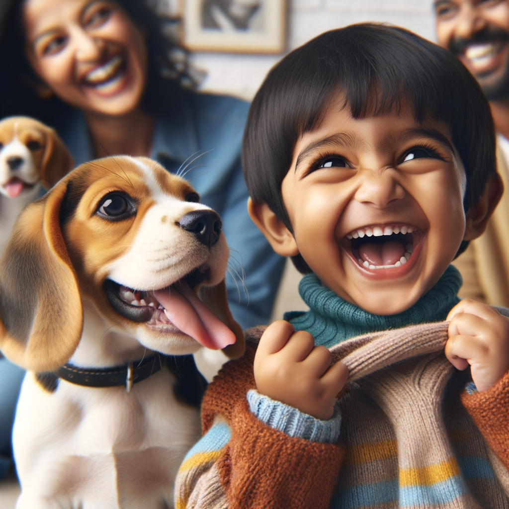 Laughing child enjoying playtime with a Beagle puppy, showcasing the Beagle's temperament and behavior with kids, emphasizing Beagles as kid-friendly dogs and ideal family pets.