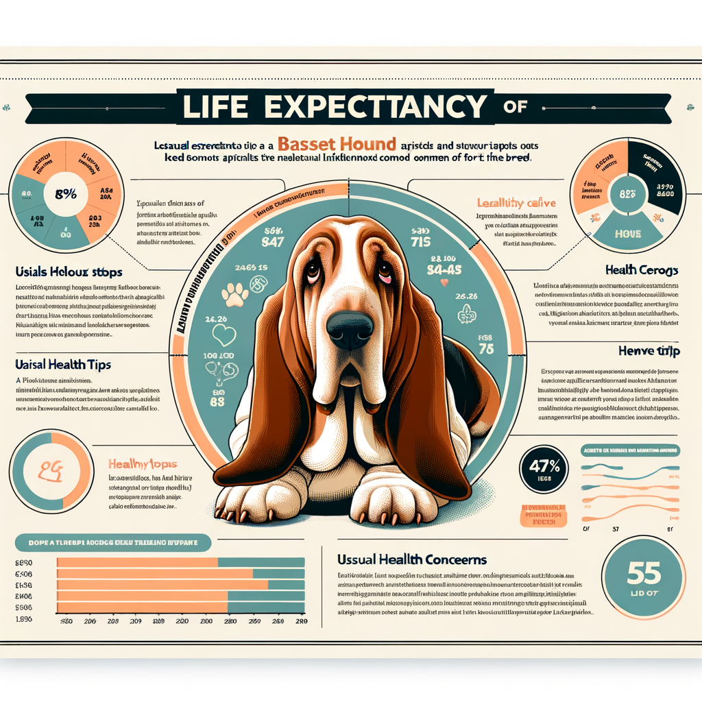 Infographic detailing Basset Hound lifespan, life expectancy, common health issues, and care tips to enhance longevity and promote a healthy Basset dog lifespan.