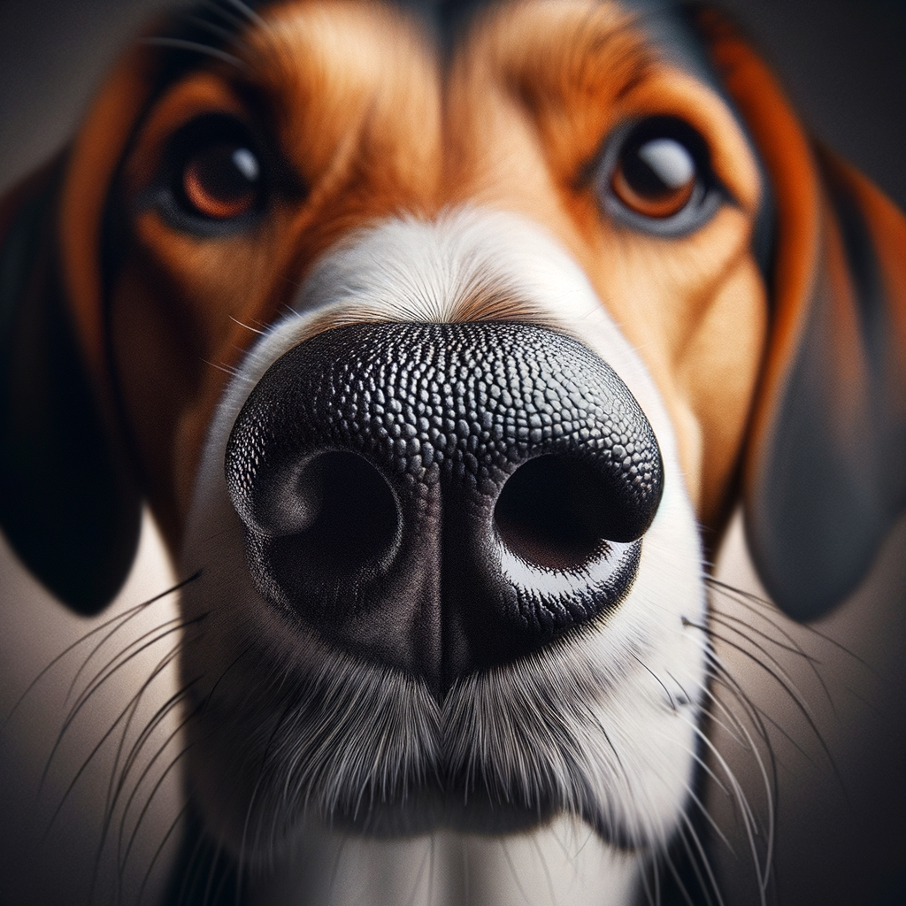 Close-up of an English Foxhound's distinctive black nose showcasing unique breed characteristics and traits, providing detailed Foxhound breed information.