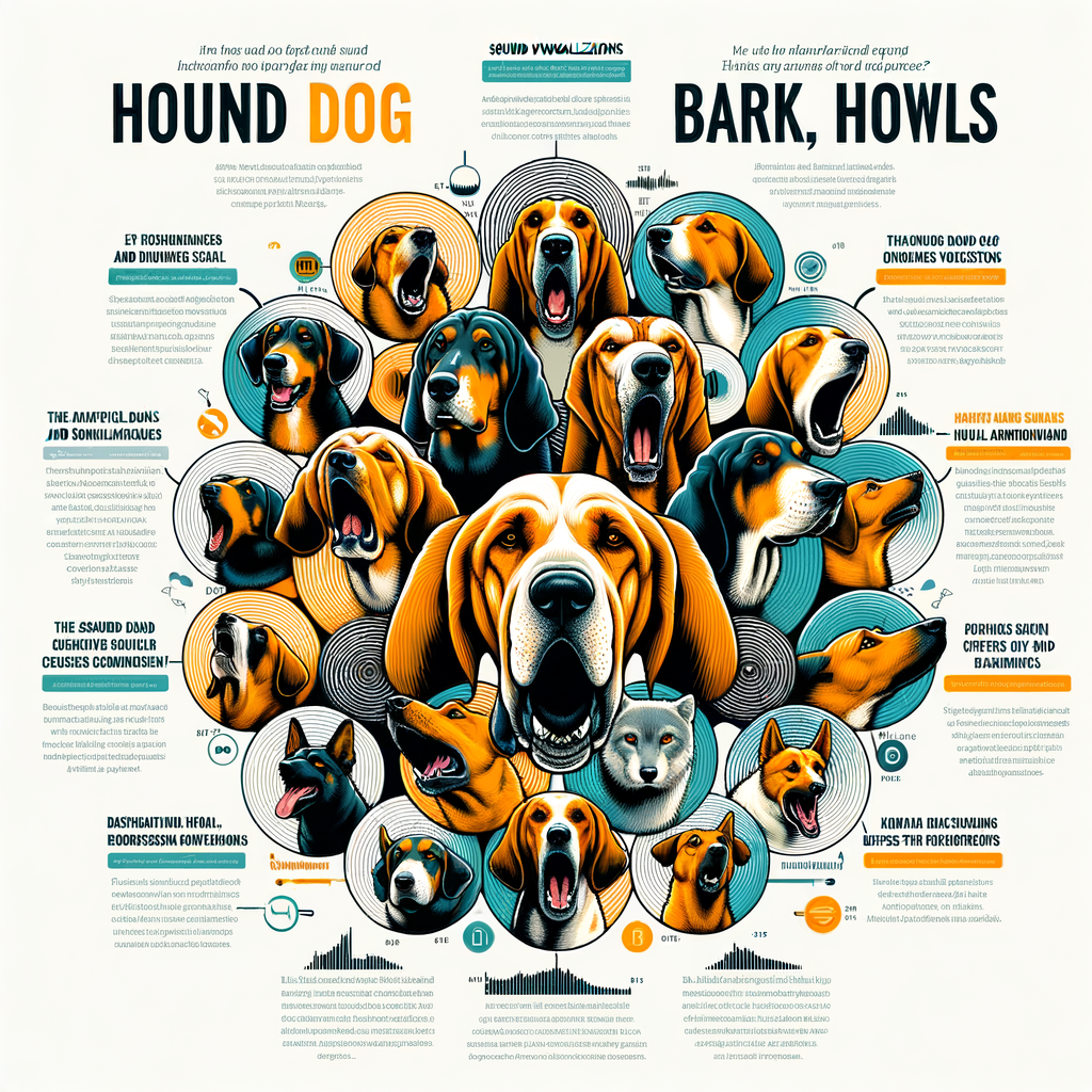 Infographic illustrating different hound barks and howls, exploring dog sounds and hound dog communication, with labels for understanding hound howls varieties and nuances in hound bark types.