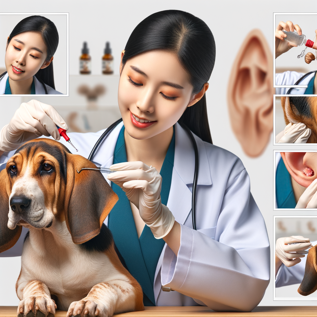 Veterinarian demonstrating hound dog ear care routine using specialized cleaning products, highlighting prevention of dog ear infections and maintaining dog ear health.