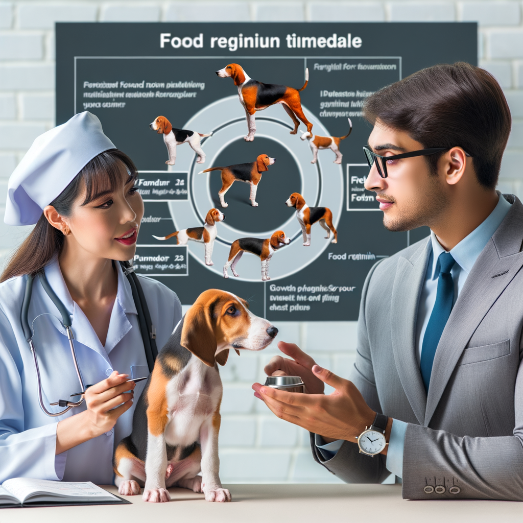 Veterinarian advising on English Foxhound puppy diet and Foxhound puppy nutrition, with a detailed puppy feeding guide for optimal English Foxhound puppy health and development through different growth stages.