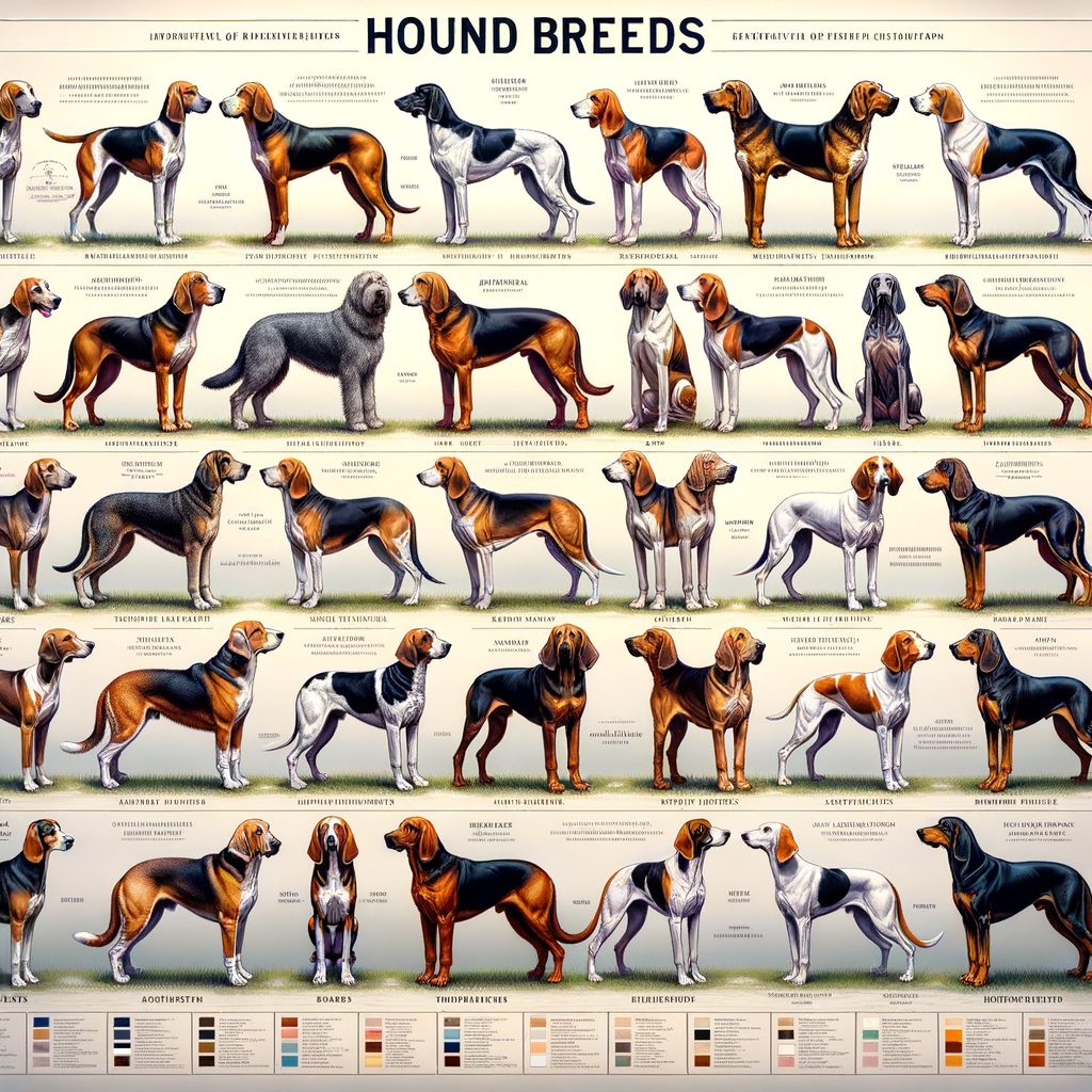 Visual guide to different hound breeds identification, showcasing hound breed characteristics and differences for understanding hound breed classification.