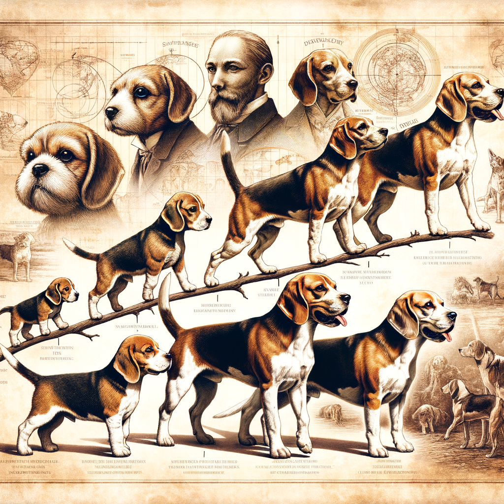 Vintage illustration depicting the evolution of Beagle breed history, tracing Beagle lineage from its origins, highlighting key milestones in Beagle breed development and subtly hinting at the geographical origin and historical background of Beagle dogs.
