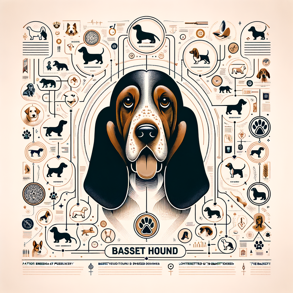 Infographic detailing Basset Hound lineage, breed history, ancestry, genetics, heritage, pedigree, and parent breeds contributing to the origin of the Basset Hound breed.