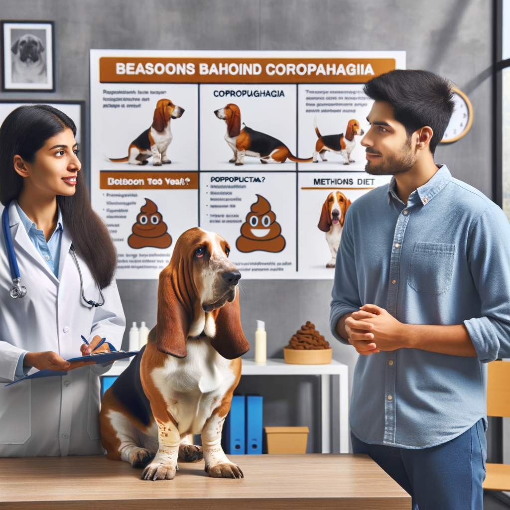 Veterinarian discussing Basset Hounds behavior, health issues, and Coprophagia treatment with pet owner, with charts on causes of Coprophagia, Basset Hounds diet, and prevention methods, illustrating why dogs eat poop.